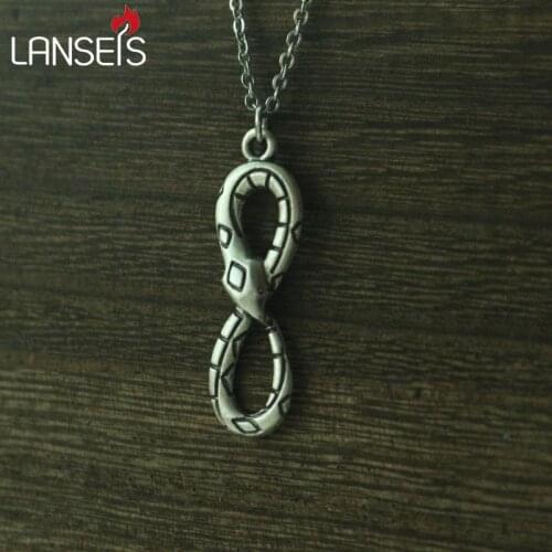 Lanseis 1pc Infinity Snake Double Sided women necklace nouroboros Uroborus Eternity Dragon Serpent Snake Pewter Pendant jewelry