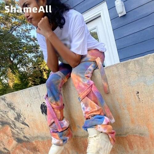 Stacked Leggings Tie dye Joggers High Waist Sweatpants Women Ruched Flare Pants Bandage Stretchy Trousers Streetwear Autumn 2020