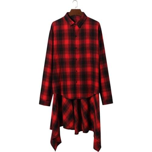 Mens Plaid Shirt Long Sleeve Turn Down Collar Cardigan Shirt Casual Hip-Hop Style Short Front Long Back Loose Top