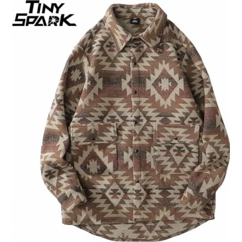 Hip Hop Men Streetwear Harajuku Shirt Vintage Retro Geometric Print Flannel Shirt Cotton Fleece Long Sleeve Casual Shirt Thick