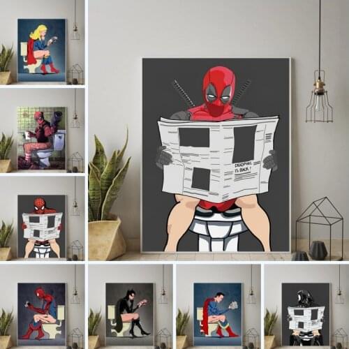 Toilet Spider-Man Deadpool Reading Newspaper Posters and Bathroom Canvas Prints Wall Art Paintings Anime Poster Decorative