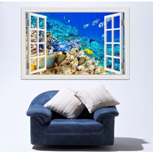 3d New Wall Sticker Removable Underwater World Fish Decals Window View Wallpapers For Living Room Art Decal Home Decor