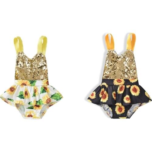 New Baby Girls Romper, Infant Summer Creative Sunflower Printing Sequins Decoration Sleeveless Hanging Neck Jumpsuit