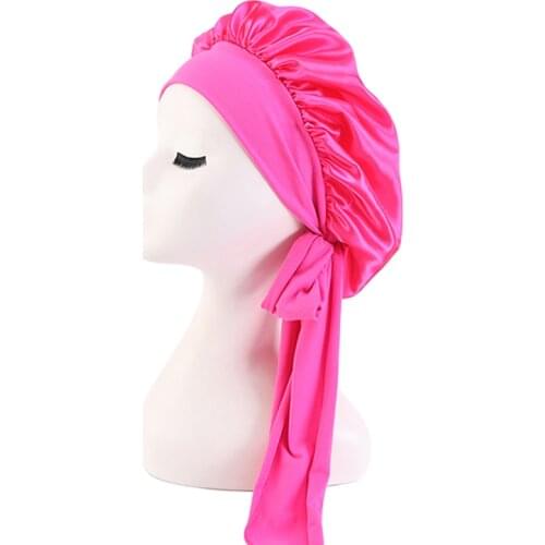 20pcs/lot Solid Satin Bonnet with Wide Stretch Ties Long Hair Care Women Night Sleep Hat Adjust Hair Styling Cap Silk Head Wrap