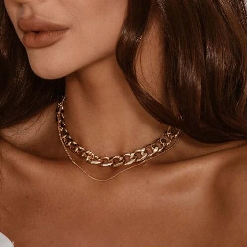2021 Fashion Vintage Gold Silver Color Flat Thick Chain Thin Chains Necklace For Women Female Multilevel Simple Collar Jewelry