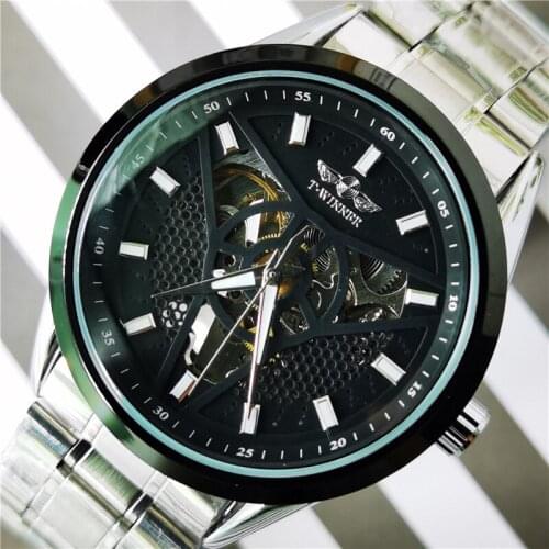 WINNER 2020 Sport Style Watch Men Auto Mechanical Watches Triangle Dart Skeleton Genuine Full Black Stainless Steel WristWatches