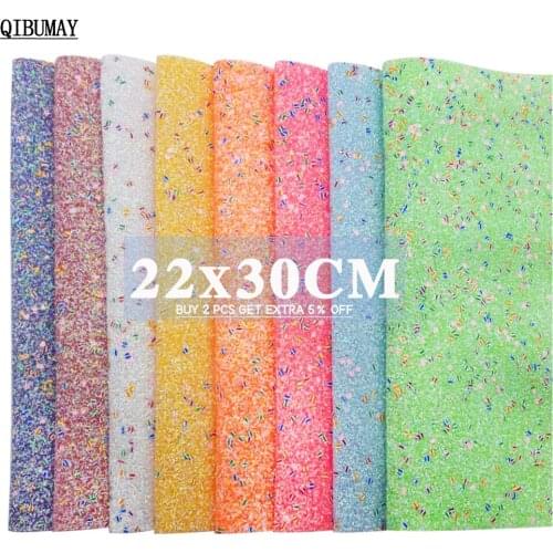 QIBUMAY 22*30cm Neon Chunky Glitter Fabric Shiny Spots Bow PU Leather A4 Size Hair bow Fabric Rainbow Synthetic Leather Material