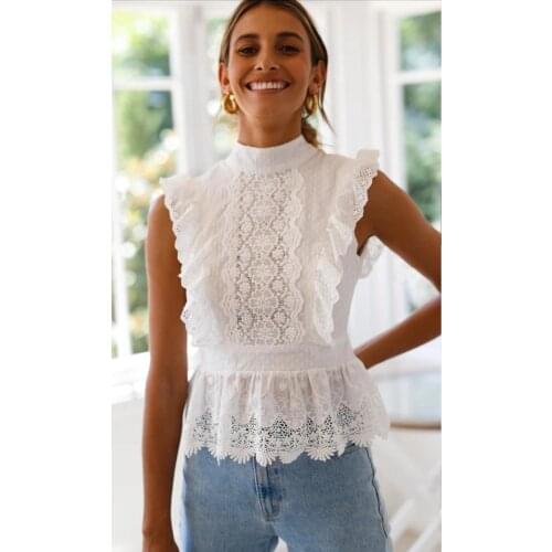 Backless Lace Embroidery White Women BlouseTops Ruffled Hollow Out peplum Tops Women Summer Style Streetwear Ladies Blusas Cloth