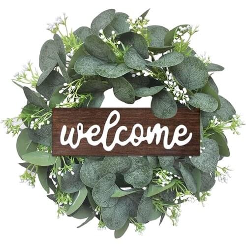 Artificial Eucalyptus Wreath 11Inch Welcome Wreath with Wooden Sign and Eucalyptus Leaves for Front Door Decoration