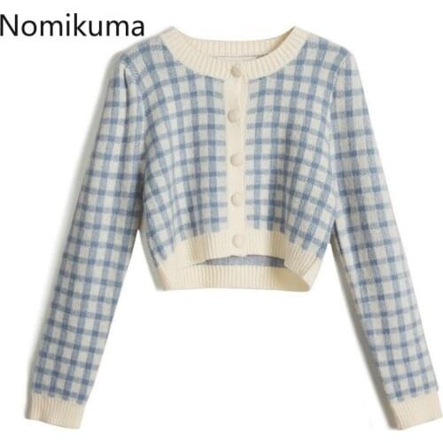 Nomikuma Vintage Plaid Knitted Cardigan Korean Short Knit Women Coat 2020 Autumn Long Sleeve O-neck Sweet Crop Top Sweater 6D016