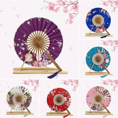 Japanese Sakura Flower Pocket Folding Hand Fan Classic Round Circle Dance Wedding Party Decor Vintage Art Craft Gift