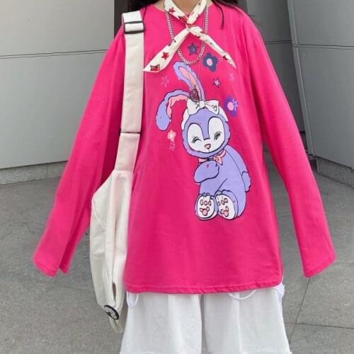 Harajuku Spring Autumn New Long-sleeved O-Neck T-shirt Japanese Cartoon Printing Female Korean Loose Bottoming Shirt Top T-shirt