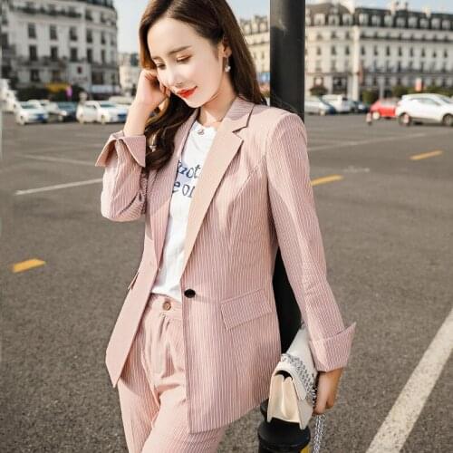 Ladies suits autumn and winter new fashion high-end striped single buckle professional wear trousers womens two-piece suit