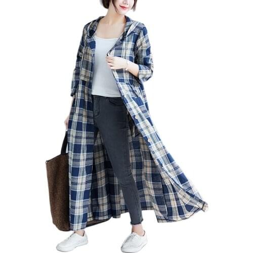 Women Autumn Long Hooded Trench Coat 2021 New Female Cotton And Linen Overcoat Ladies Lattice Windbreaker Lady Casual Tops B