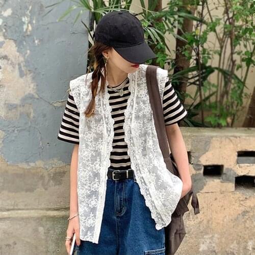 Spring Summer Sexy Hollow Out Lace Top Vest Crochet Sleeveless Waistcoat Women Open Stitch Short Coat Chalecos Para Mujer
