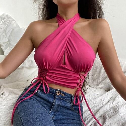 Y2k top Summer Fashion Cross Halter Pink Crop Tops Women Hollow Out Lace Up Corset Top Backless V Neck Sexy Solid Tanks Camis