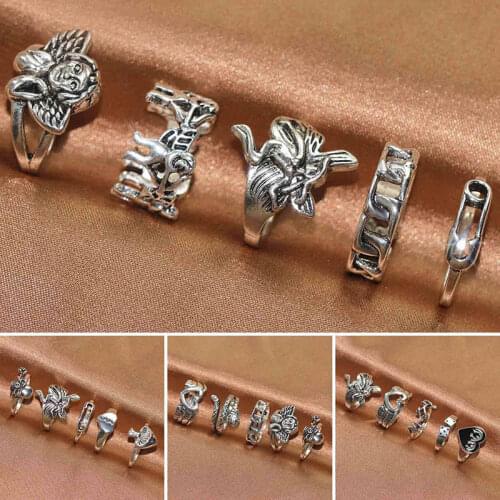 Vintage Silver Plated Angel Wings Ring for Womens Gothic Punk Steampunk Heart Butterfly Skull Ring Sets Party Jewelry 2021