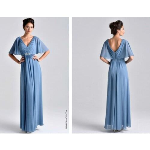 2016 new fashion vestido de madrinha festa sexy v-neck blue chiffon cheap cap sleeve elegant long mother of the bride dresses