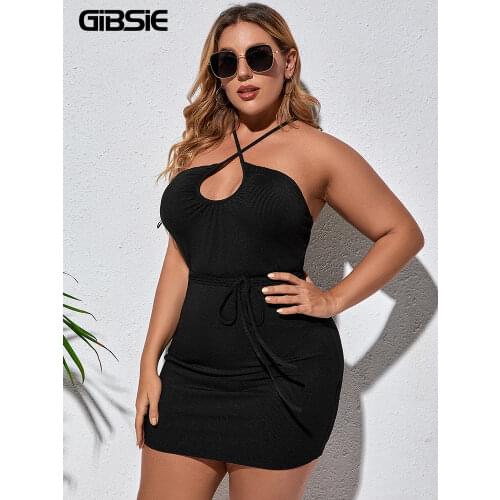 GIBSIE Solid Rib-knit Cut Out Belted Cami Dress Plus Size 4xl 3xl Women Backless Sexy Club Party Bodycon Mini Dresses Black