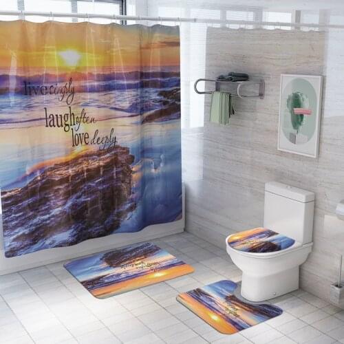 Scenic Print Bath Mat Set with Shower Curtain Toilet Cover Mats Bath Rug Pad Set Bathroom Curtain Bathroom Water Absorbent Rugs