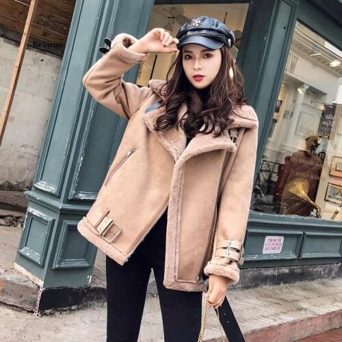 Winter Jacket Women Fashion Suede Jacket Thick Warm Faux Lamb Wool Jackets Motorcycle Coat Loose Leather Jacket Female