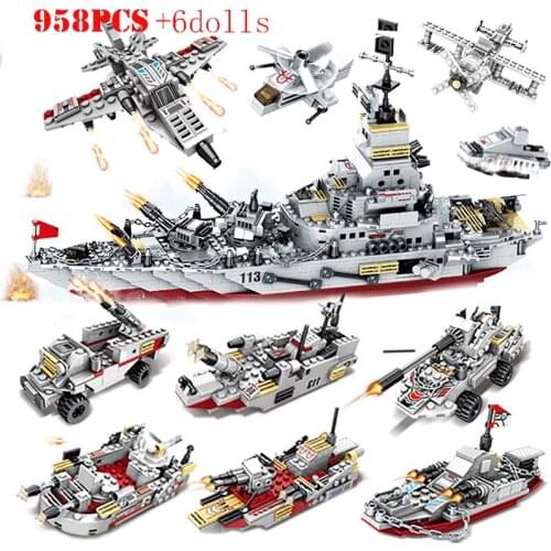 8 in1 WW2 Army Marine Warship Cruiser Building Blocks Military Ship Aircraft Weapons City Bricks Toys For Children Kids Gifts