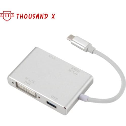 4 in 1 Type C Male to HDMI VGA DVI USB 3.0 Female Converter Adapter Support 4K 1080P for Macbook Google Chromebook Pixel