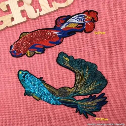 Sequints embroidery red/blue fish patch cloth sticker Apliques for DIY coat/bag/garment accessories Parche