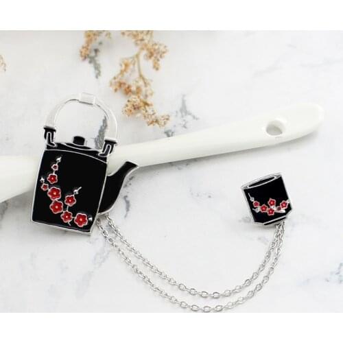 Plum Teapot Teacup Pin Retro Chinese Style Enamel Metal Brooch Character Trendy Costume Backpack Jewelry Accessories Gift