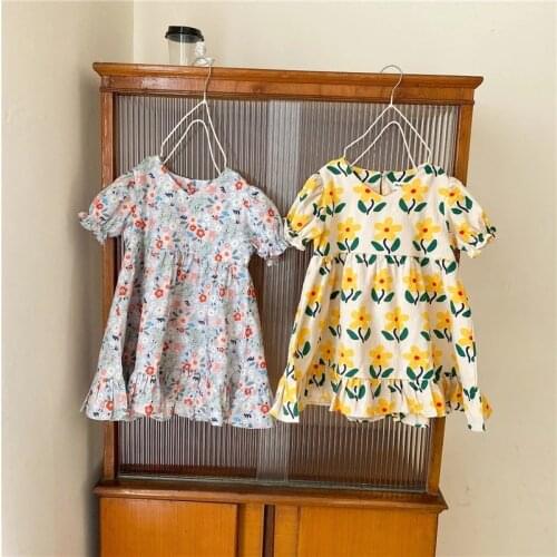 Short Sleeve Girl Dress Kids Baby 2021 High Quality Spring Summer Princess Casual Ruffles Floral Dresses Children Clothing