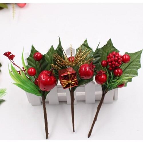 Artificial Flower Red Christmas Berry Pearl Stamen With Holly Branches for Christmas Decoration DIY Valentines Day Dift Craft