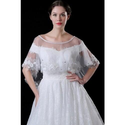 JaneVini Fashion Bride Flowers Wedding Cape Bridal Boleros Pearl Beaded Girls Wraps Opera Shrug Summer Lace bolero mariage femme