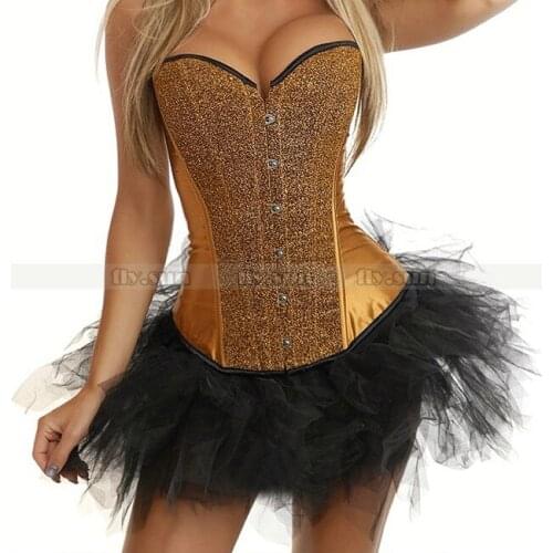 New Gold Sequin Burlesque Boned Overbust Outerwear Corset Bustier Sexy Costume + Black TuTu Skirt S M L XL 2XL