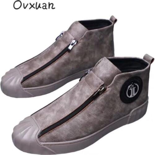 OVXUAN All Gray Sneakers Men Metal Ring Zipper Vintage Hip Hop Ankle Boots 2020 Spring Autumn Trend High Top Mens Casual Shoes