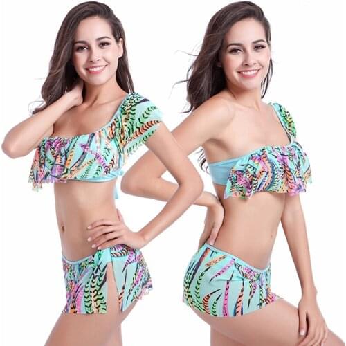 Floral One Shoulder Bathing Suit Flounce Top Female Sexy Bikini Push Up Plus Size XXL Mesh Layer Swimsuit Drop Shipping