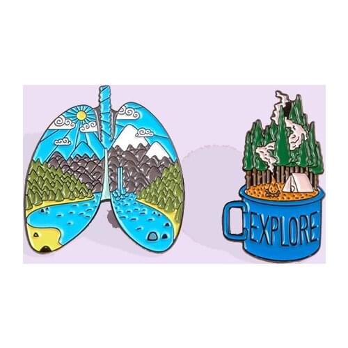 New Cute Color Matching Cartoon Landscape Lung Blue Brooch Cup Snow Mountain Forest Female Badge Child Cowboy Creative Korean