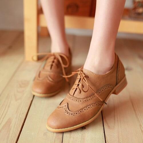Oxfords Women Flats Casual Shoes Woman Lace Up Vintage Retro Office Flat Shoes British School Brown Dress Wingtip Oxford Shoes