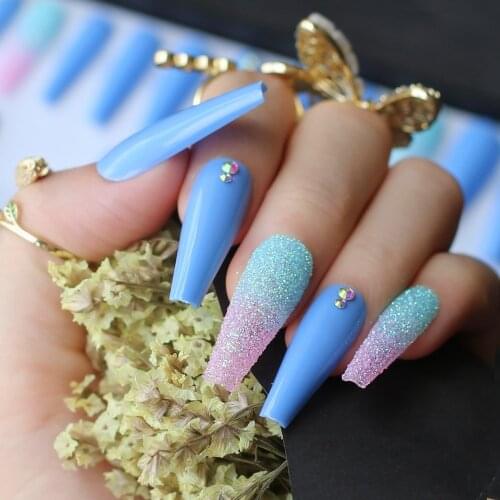 Extra long coffin UV fake nail ombre glitter pink blue false nails gel Rhinestone