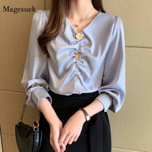 2021 Autumn Women Korean All-match V Neck Office Lady Style Womens Shirts Long Sleeve New Solid Plus Size Womans Blouses 10491