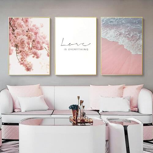 Scandinavian Style Poster Sea Beach Decorative Picture Pink Flower Wall Art for Living Room Nordic Decoration Home Decor
