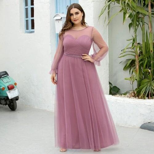 Evening Dress Lace Full Sleeve Zipper Back A-Line Simple Fashion Pleat O-Neck Floor-Length New Plus Size Women Formal Gowns D932
