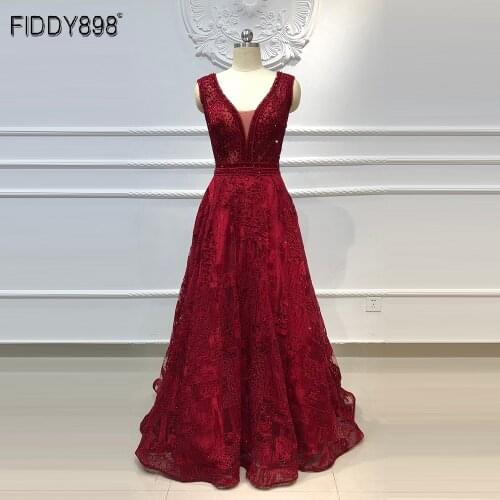 Luxury Evening Dress A-Line V-Neck Crystal Beaded Prom Dress Long Lace Formal Evening Gown Vestido de Fiesta