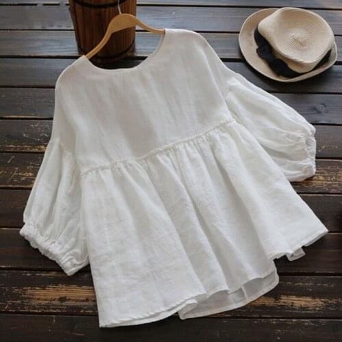 Cotton Linen Round Neck Large Size Solid Color Women Middle Sleeve Shirt Top New Fashion Womens Tops and Blouses