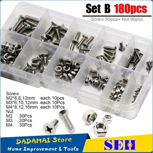 SEH 180Pcs Cross Phillips Countersunk Flat Head Screw M2 M3 M4 Hex Nuts Stainless Steel Flat Head Bolt And Nut Screw Set