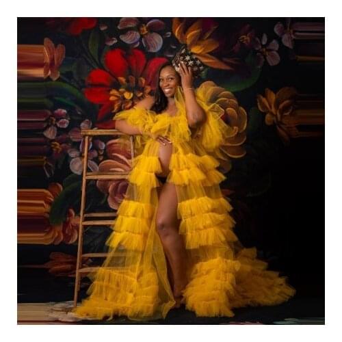 Sexy Yellow Bridal Pregnancy Dresses Cap Sleeves Ruffles Puffy Custom Made Plus Size Tulle Maternity Dressing Gown Photograp