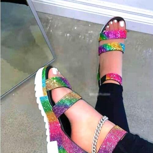 Summer Rome Rhinestone Thick Slippers Womens Beach Big Size Slides Ladies Fashion Platform Shoes Colorful Hasp Non-Slip Sandals