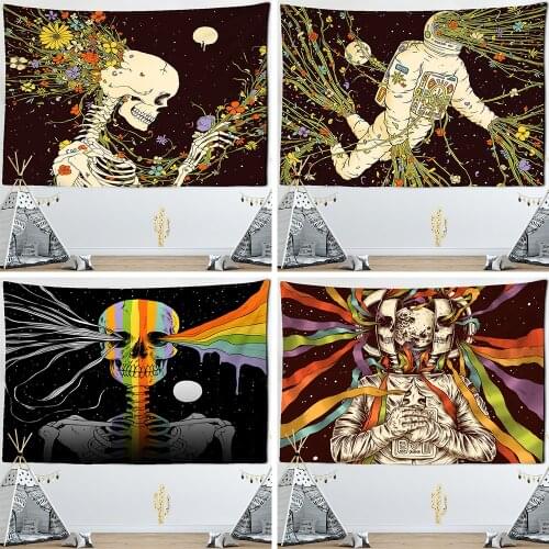 Nordic Style Skull Astronaut Tapestry Flowers Rainbow Moon Starry Sky Mandala Carpet Black Skull Witchcraft Wall Hanging Blanket