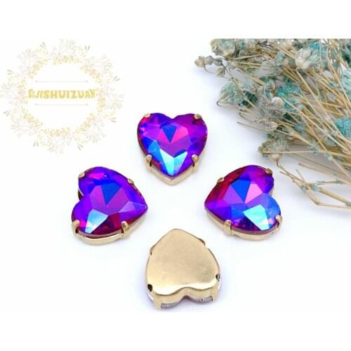 Red AB Heart Glass Crystal sew on rhinestones with gold claw Diy wedding dress accessories Free shipping