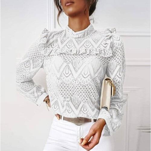 Korean Style Tops Ladies Sexy Lace White Clothes Pleated Stitching Long-sleeved Versatile T-shirt Harajuku Shirts O-neck Clothes