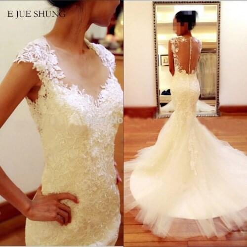 E JUE SHUNG Vintage Lace Appliques Mermaid Wedding Dresses Cap Sleeves Sheer Back Wedding Gowns Bride Dress robe de mariee